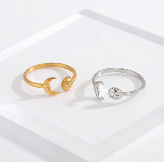 Hip-Hop Sun & Moon Open Ring | 18K Gold & Silver IP Plated Stainless Steel
