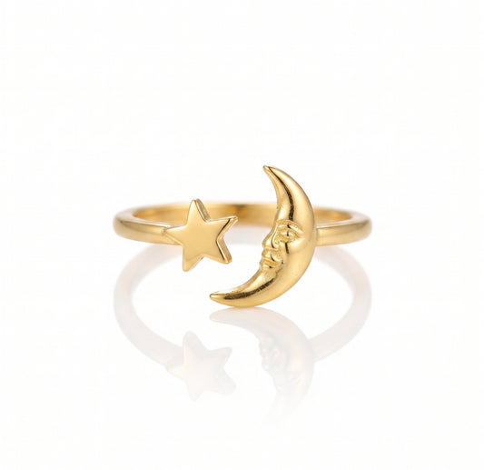 Star & Moon Open Ring | 18K Gold & Silver PVD Plated Stainless Steel